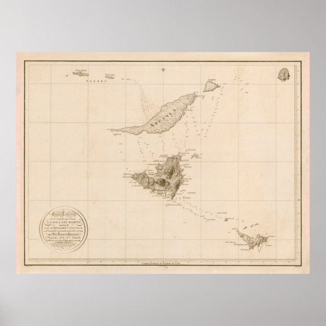 Póster Mapa de la antigua isla de St Martins, Anguila y S (Frente)
