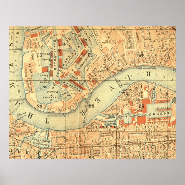 Póster Mapa de la antigua Londres Río Támesis antigua cos (Frente)