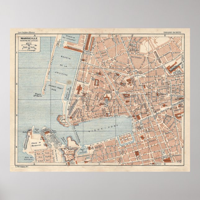 Póster Mapa de la Antigua Marsella de Francia (1925) (Frente)