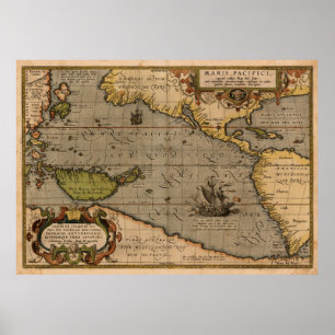 Póster Mapa de la Antigua Ortelio del Mar Pacífico