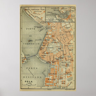 Póster Mapa de la Antigua Pula Croacia (1911)
