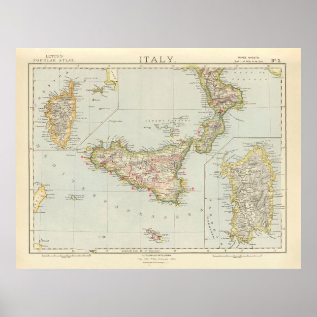 Póster Mapa de la Antigua Sicilia Italia (1883) (Frente)