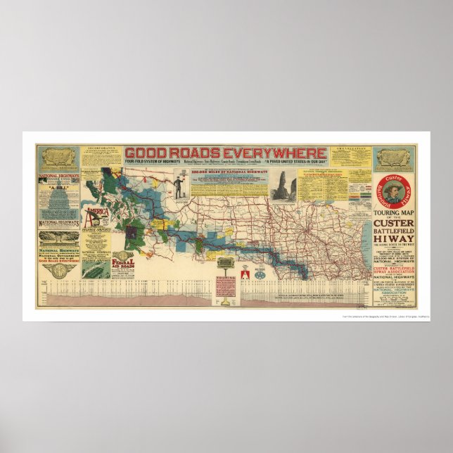 Póster Mapa de la autopista Custer Battlefield - 1925 (Frente)