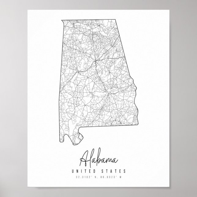 Póster Mapa de la calle mínima de Alabama (Frente)