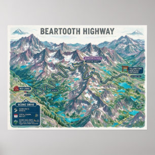 Póster Mapa de la Carretera Beartooth