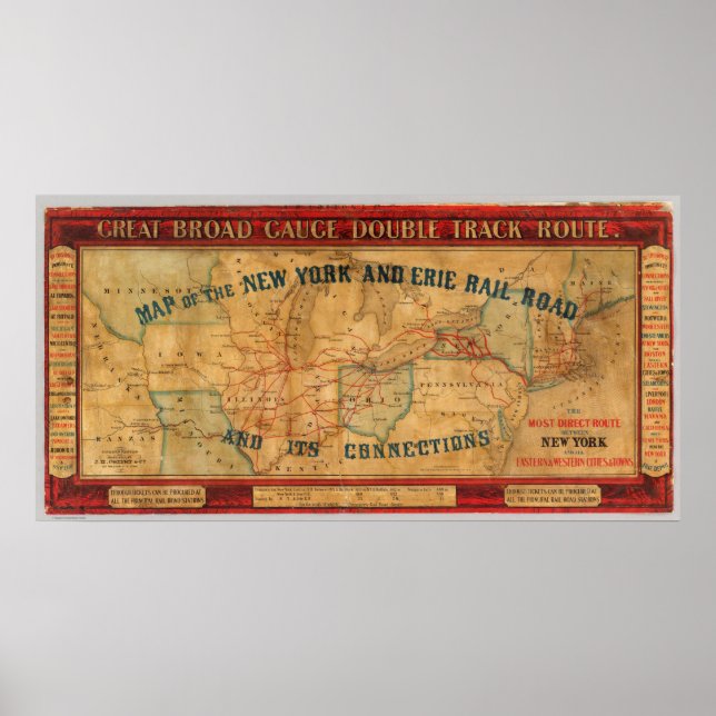 Póster Mapa de la carretera ferroviaria de Nueva York y E (Frente)
