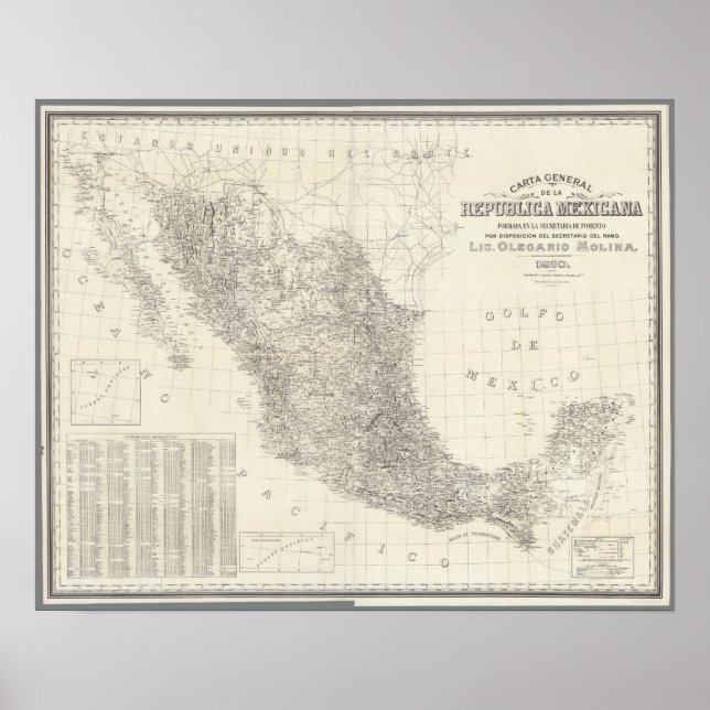Póster Mapa de la Carta General de la República Mexicana (Frente)