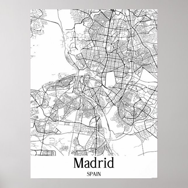 Póster Mapa de la ciudad blanca y negra de Madrid (Frente)