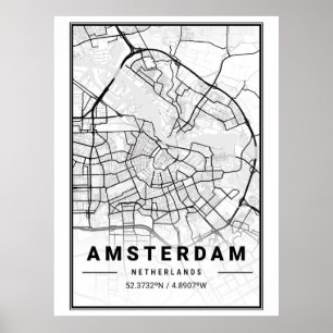 Póster Mapa de la ciudad de Ámsterdam minimalista en negr