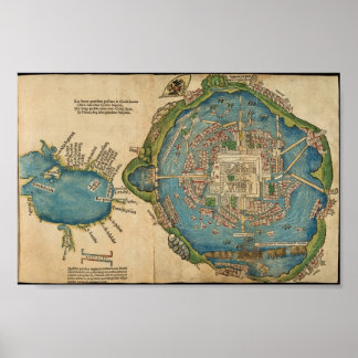 Póster Mapa de la ciudad de Aztec Tenochtitlan, 1524 Hern