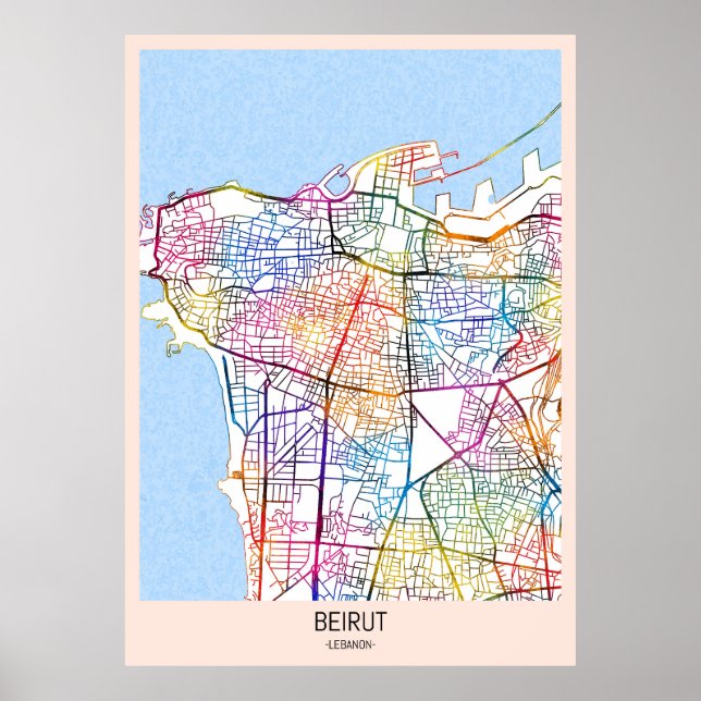 Póster Mapa de la ciudad de Beirut Líbano (Frente)