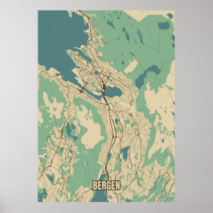Póster Mapa de la ciudad de Bergen, Noruega