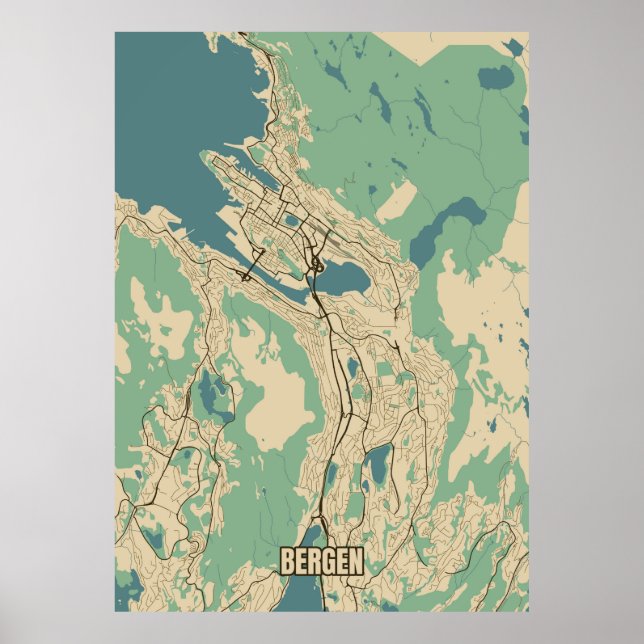 Póster Mapa de la ciudad de Bergen, Noruega (Frente)