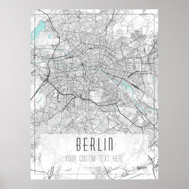 Póster Mapa de la ciudad de Berlín, negro, blanco y azul (Frente)