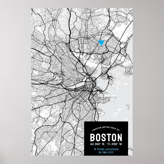 Póster Mapa de la ciudad de Boston con su ubicación (Frente)