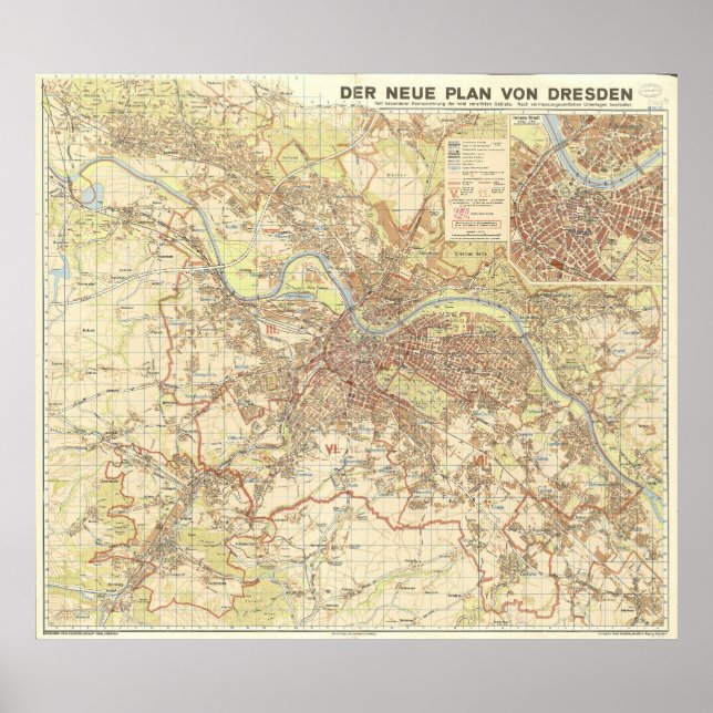 Póster Mapa de la ciudad de Dresde de 1947, diseño urbano (Frente)