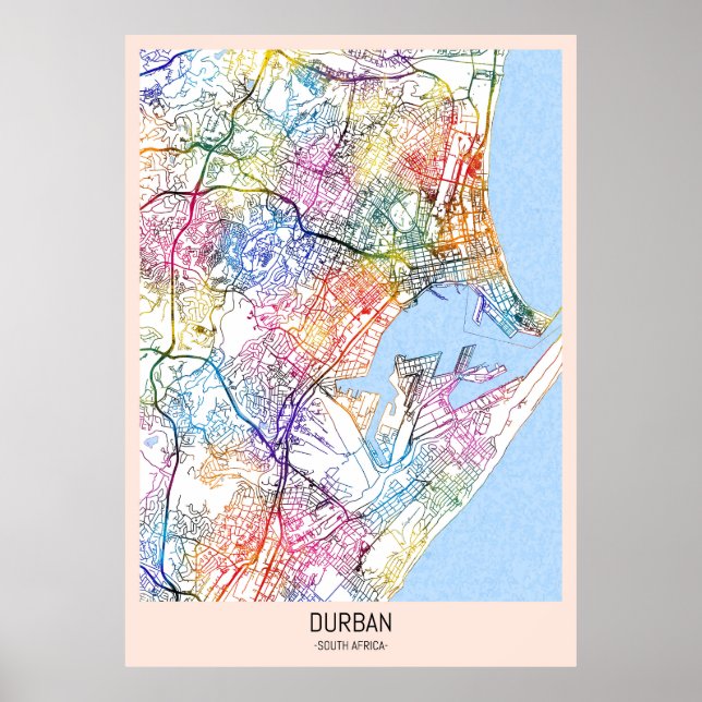 Póster Mapa de la ciudad de Durban en Sudáfrica (Frente)
