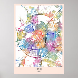 Póster Mapa de la ciudad de Erbil en el Iraq