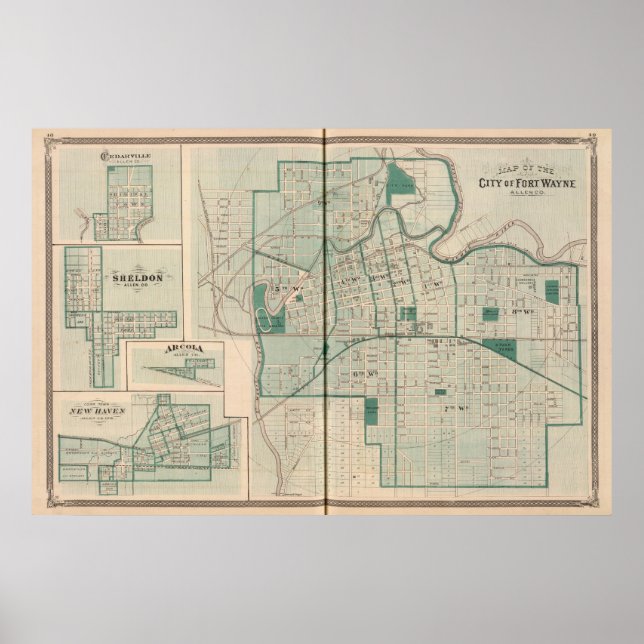 Póster Mapa de la ciudad de Fort Wayne con Cedarville (Frente)