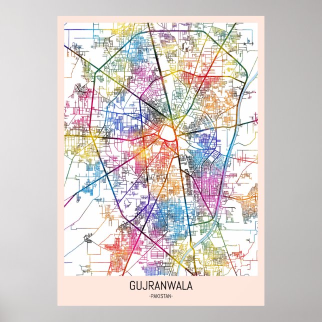 Póster Mapa de la ciudad de Gujranwala Pakistán (Frente)