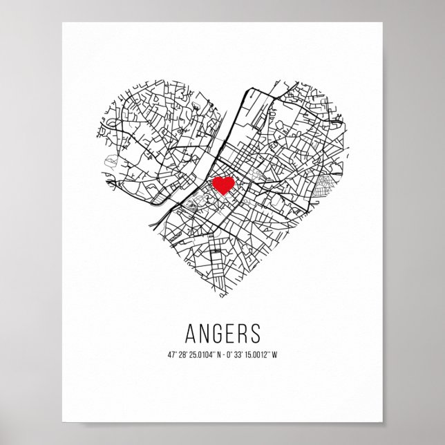 Póster Mapa de la ciudad de Heart Angers (Francia) (Frente)