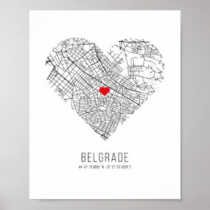 Póster Mapa de la ciudad de Heart Belgrade (Serbia)