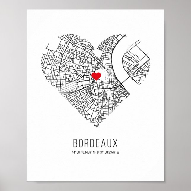 Póster Mapa de la ciudad de Heart Bordeaux (Francia) (Frente)