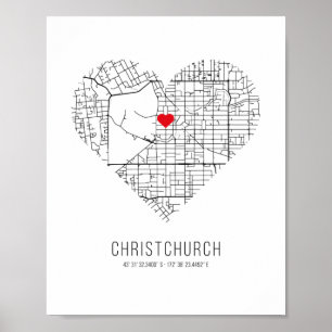 Póster Mapa de la ciudad de Heart Christchurch (Nueva Zel