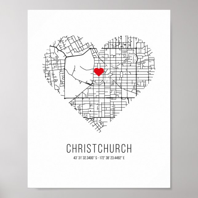 Póster Mapa de la ciudad de Heart Christchurch (Nueva Zel (Frente)