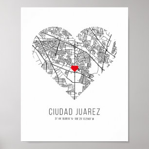 Póster Mapa de la ciudad de Heart Ciudad Juarez (México)
