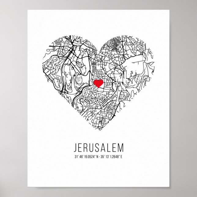 Póster Mapa de la ciudad de Heart Jerusalem (Israel) (Frente)