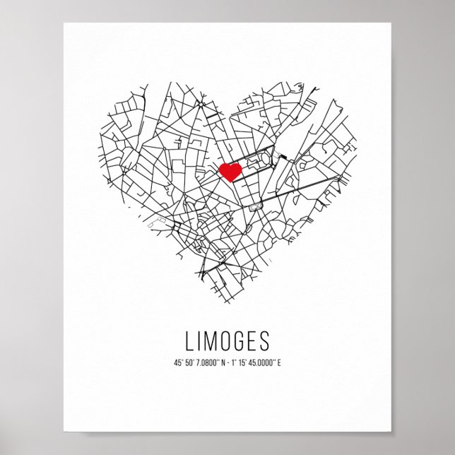 Póster Mapa de la ciudad de Heart Limoges (Francia) (Frente)