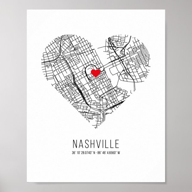 Póster Mapa de la ciudad de Heart Nashville (Estados Unid (Frente)