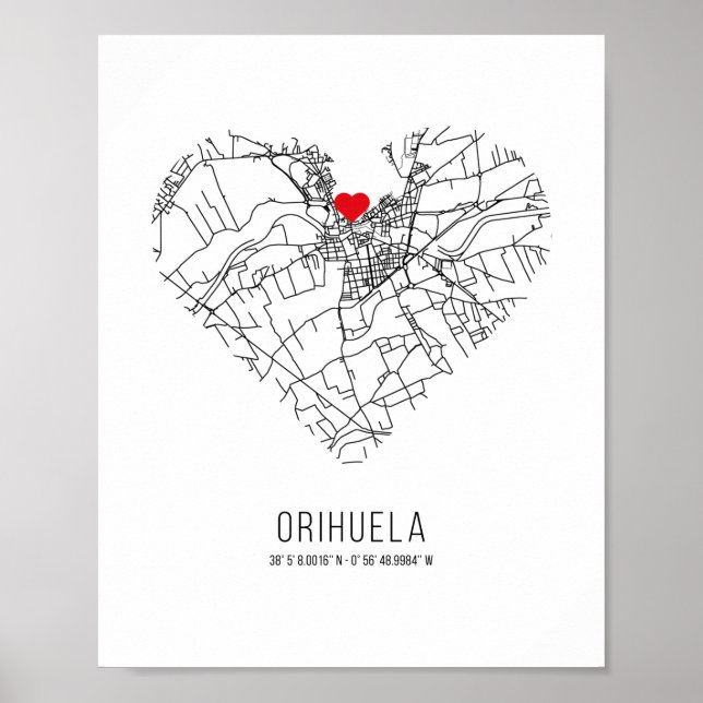 Póster Mapa de la ciudad de Heart Orihuela (España) (Frente)