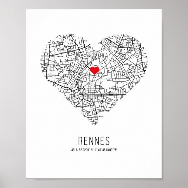 Póster Mapa de la ciudad de Heart Rennes (Francia) (Frente)