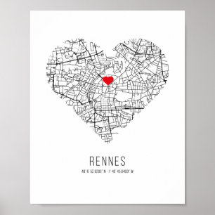 Póster Mapa de la ciudad de Heart Rennes (Francia)