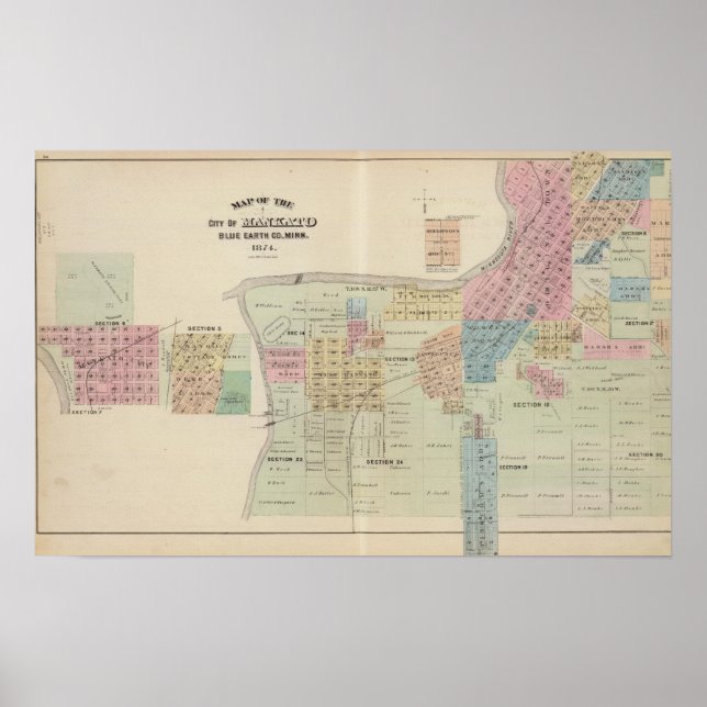 Póster Mapa de la ciudad de Mankato, Minnesota (Frente)