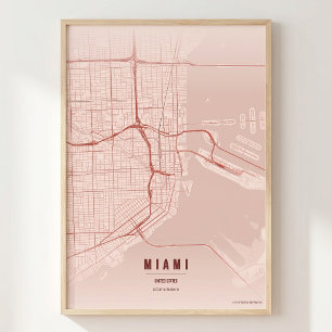 Póster Mapa de la Ciudad de Miami Coral Impreso en Florid