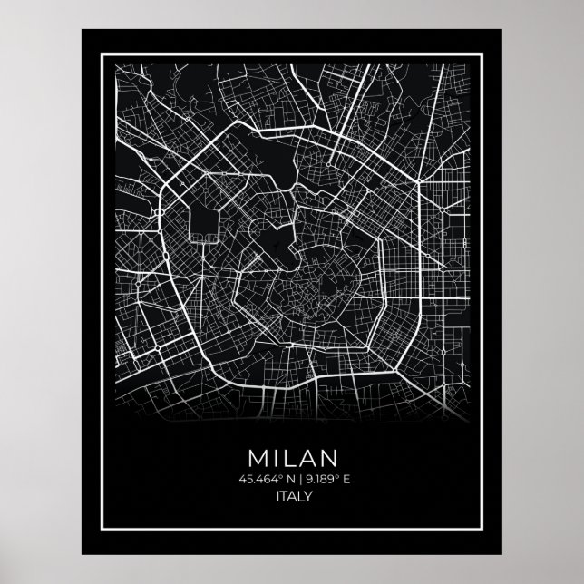 Póster Mapa de la ciudad de Milán - Poster del Mapa Negro (Frente)