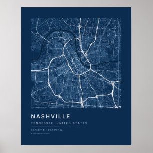 Póster Mapa de la ciudad de Nashville TN en azul marino A