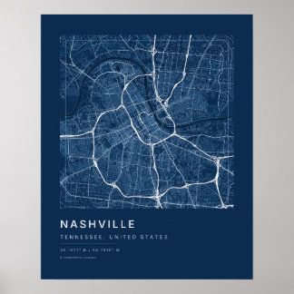 Póster Mapa de la ciudad de Nashville TN en azul marino A
