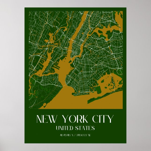 Póster Mapa de la ciudad de Nueva York con estilo: verde  (Frente)