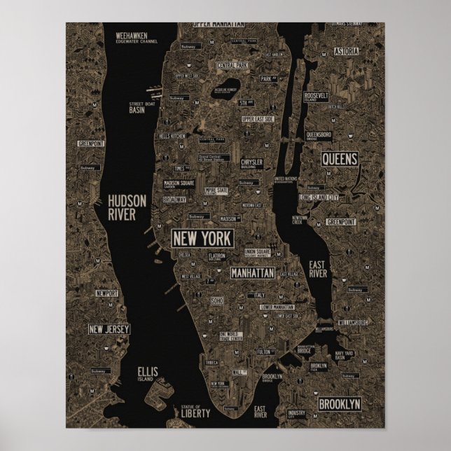 Póster Mapa de la ciudad de Nueva York de oro de edificio (Frente)