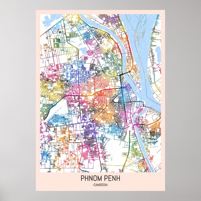 Póster Mapa de la ciudad de Phnom Penh en Camboya (Frente)