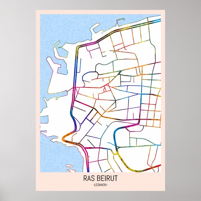 Póster Mapa de la ciudad de Ras Beirut Líbano (Frente)