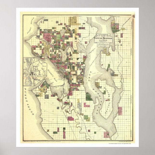 Póster Mapa de la ciudad de Seattle 1890 (Frente)
