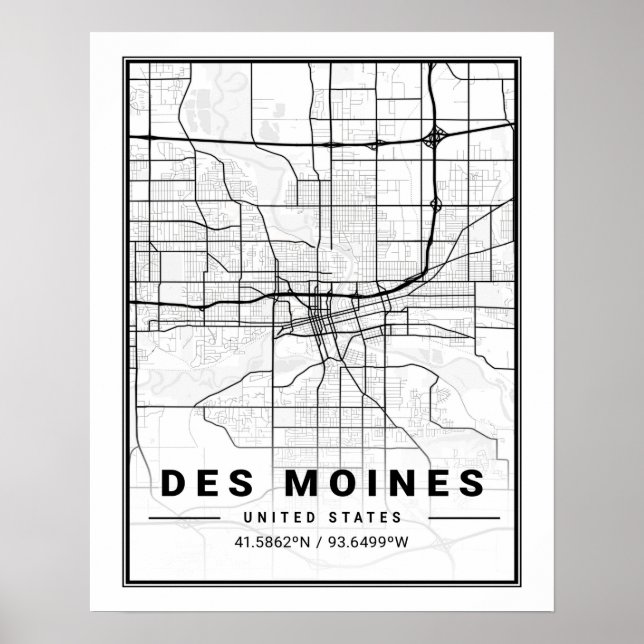 Póster Mapa de la ciudad de viajes de Des Moines Iowa (Frente)