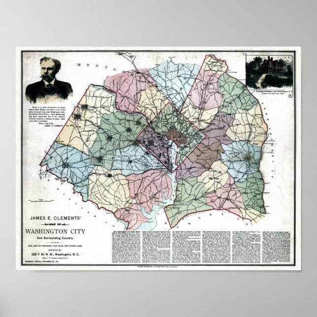 Póster Mapa de la ciudad de Washington y el país circunda (Frente)