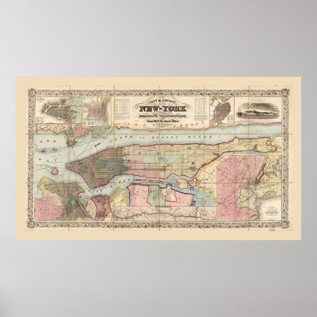 Póster Mapa de la ciudad y el condado de Nueva York (1857 (Frente)