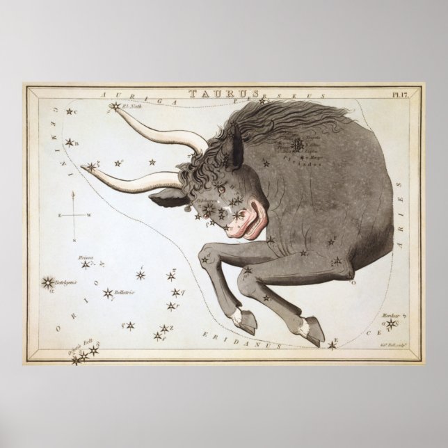 Póster Mapa de la constelación de Taurus de época (1825) (Frente)